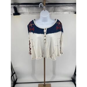 Free People We The Free Rio Henley  Small Cream Navy Embroidered Indie Boho